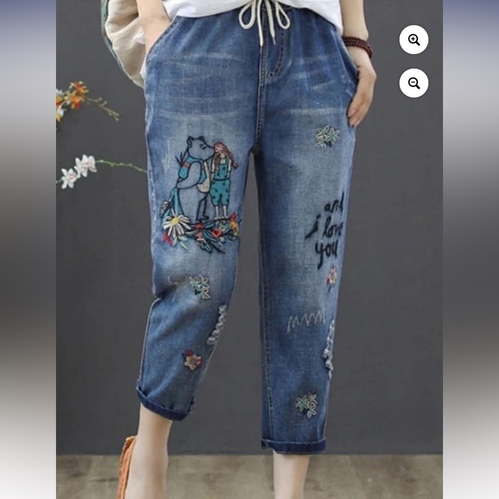 Y2K embroidered elastic‎ waist ankle jeans